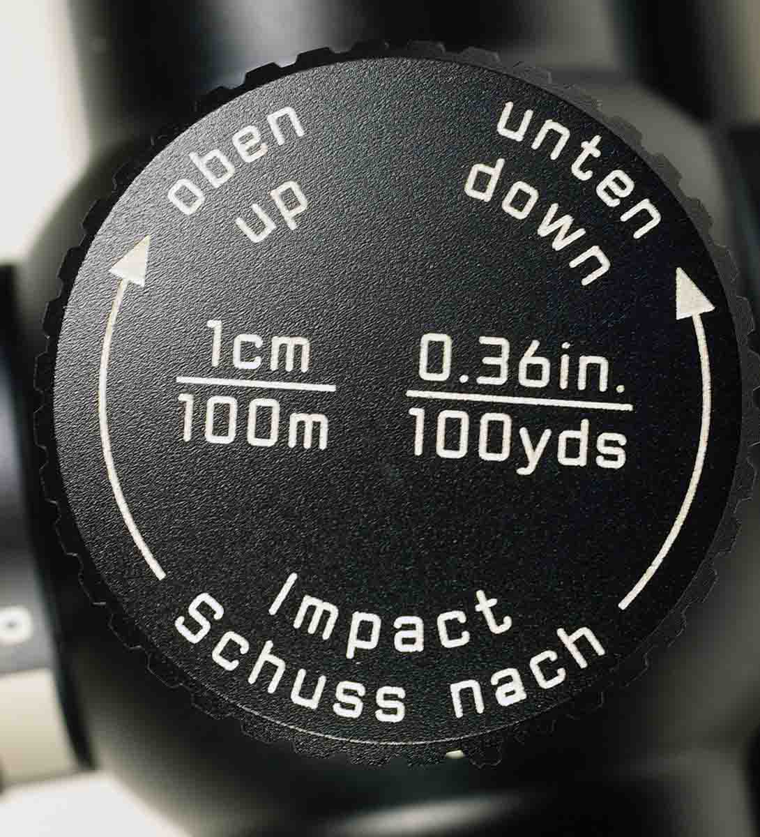 The elevation dial on the Magnus scope features one-centimeter click adjustments. The Rangemaster 2800.COM can be set to provide the number of clicks required to compensate for bullet drop.